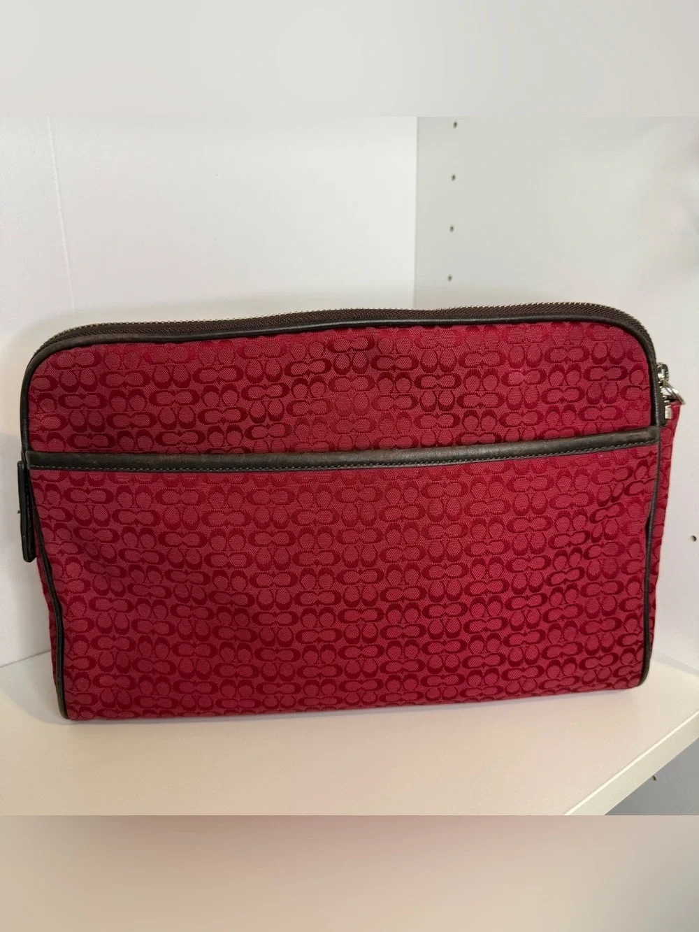 Coach Red Signature Canvas Cosmetic Case with Brown Leather Trim